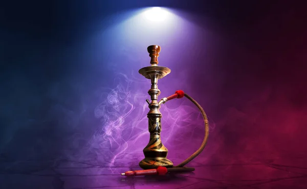 Hookah, smoke on a dark abstract background. Background of empty scenes with multicolored neon lights, reflection of night lights on wet pavement