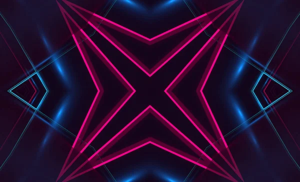 Dark abstract futuristic background. Neon lines and shapes. Neon glow and rays on a dark background