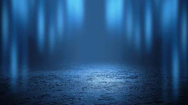 Scène de fond vide. Réflexion de rue sombre sur le trottoir humide. Rayons de lumière au néon dans l'obscurité, figures au néon, fumée. Vue de nuit sur la rue, la ville. Résumé fond sombre . — Photo