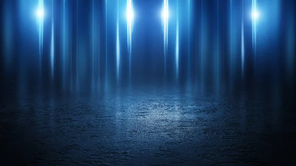 Boş arka plan sahnesi. Islak kaldırım üzerinde karanlık sokak yansıması. Karanlıkta ışıklar Neon ışık, Neon rakamlar, duman. Caddenin gece manzarası, şehir. Soyut karanlık arka plan.