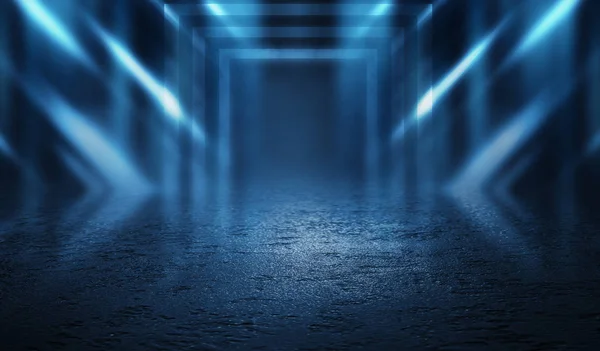 Boş arka plan sahnesi. Islak kaldırım üzerinde karanlık sokak yansıması. Karanlıkta ışıklar Neon ışık, Neon rakamlar, duman. Caddenin gece manzarası, şehir. Soyut karanlık arka plan.