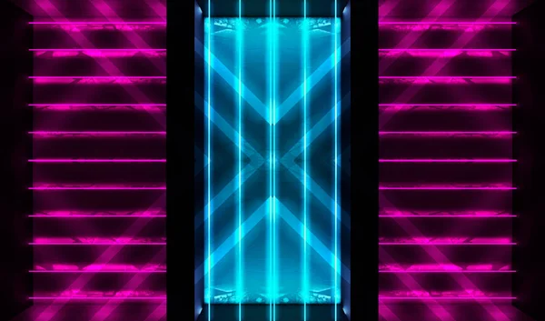 Lege achtergrond scène. Donkere kamer, neon blauw en roze figuren in het donker, rook. Abstracte donkere achtergrond. — Stockfoto