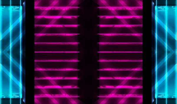 Escena de fondo vacía. Cuarto oscuro, figuras de color azul neón y rosa en la oscuridad, humo. Fondo oscuro abstracto . —  Fotos de Stock