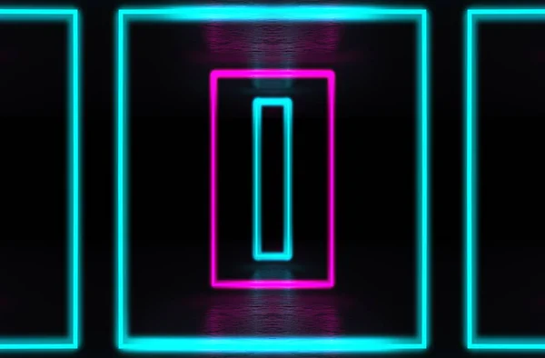 Lege achtergrond scène. Donkere kamer, neon blauw en roze figuren in het donker, rook. Abstracte donkere achtergrond. — Stockfoto