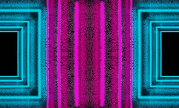 Tom bakgrunds scen. Mörkt rum, neonblått och rosa figurer i mörkret, rök. Abstrakt mörk bakgrund. — Stockfoto
