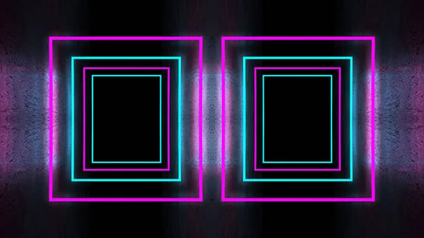 Lege achtergrond scène. Donkere kamer, neon blauw en roze figuren in het donker, rook. Abstracte donkere achtergrond. — Stockfoto