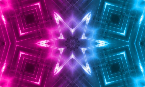 Donkere abstracte futuristische achtergrond. Neon lijnen, gloeien. Neonlijnen, vormen. Roze en blauwe gloed — Stockfoto