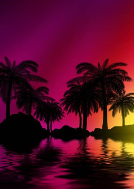 Soyut arka planda, neon ışıklı tropikal palmiye ağaçlarının siluetleri. Suyun üzerindeki palmiye ağaçlarının yansıması. 3B illüstrasyon
