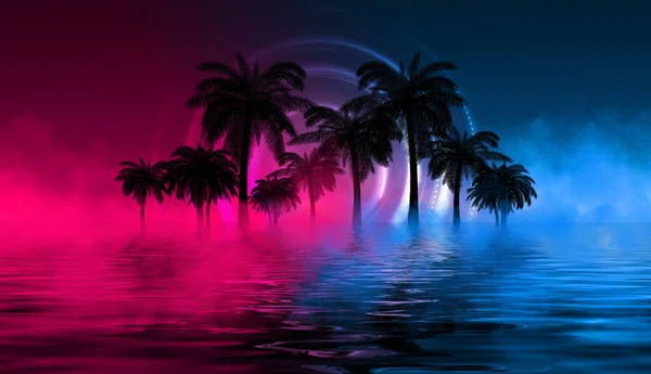 Silhouettes Tropical Palm Trees Background Abstract Background Neon Glow Reflection — Stock Photo, Image