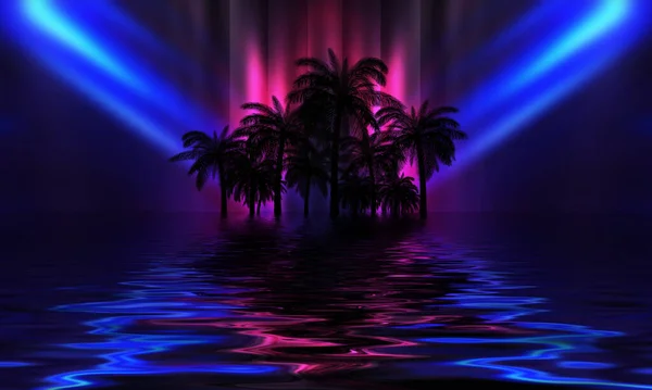 Soyut Arka Planda Neon Işıklı Tropikal Palmiye Ağaçlarının Siluetleri Suyun — Stok fotoğraf