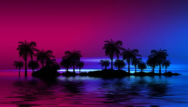 Silhouetten Tropischer Palmen Vor Abstraktem Hintergrund Mit Neonlicht Spiegelung Von — Stockfoto