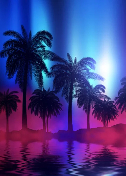 Silhouettes Tropical Palm Trees Background Abstract Background Neon Glow Reflection — Stock Photo, Image