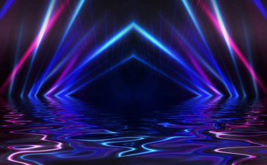 Işık neon etkisi, karanlık bir arkaplanda enerji dalgaları. Lazer renkli neon şov. Sudaki ışığın yansıması. Duman, sis. 3d illüstrasyon