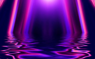 Işık neon etkisi, karanlık bir arkaplanda enerji dalgaları. Lazer renkli neon şov. Sudaki ışığın yansıması. Duman, sis. 3d illüstrasyon