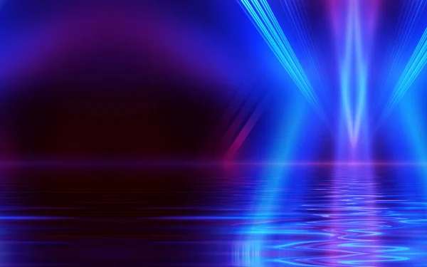 明るいネオン効果 暗い抽象的な背景にエネルギー波 レーザーカラフルなネオンショー 水の中の光の反射 3Dイラスト — ストック写真