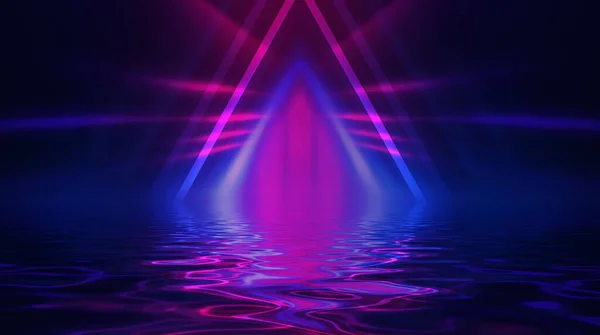 Light neon effect, energy waves on a dark abstract background. Laser colorful neon show. Reflection of light in the water. Smoke, fog. 3d illustration