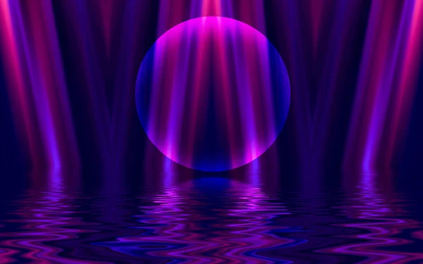 Light neon effect, energy waves on a dark abstract background. Laser colorful neon show. Reflection of light in the water. Smoke, fog. 3d illustration