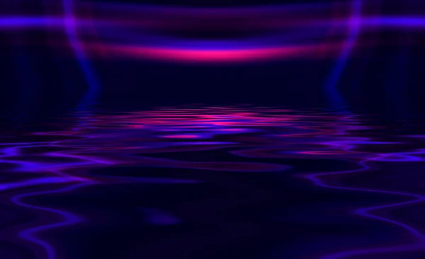 Light neon effect, energy waves on a dark abstract background. Laser colorful neon show. Reflection of light in the water. Smoke, fog. 3d illustration