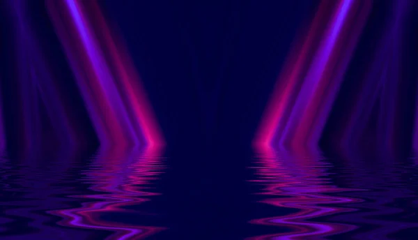 Light neon effect, energy waves on a dark abstract background. Laser colorful neon show. Reflection of light in the water. Smoke, fog. 3d illustration