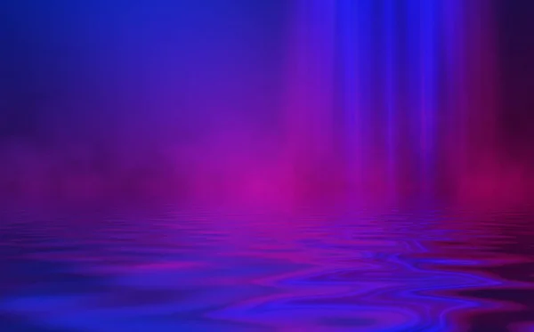 Light neon effect, energy waves on a dark abstract background. Laser colorful neon show. Reflection of light in the water. Smoke, fog. 3d illustration