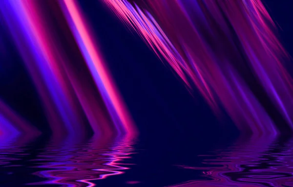 明るいネオン効果 暗い抽象的な背景にエネルギー波 レーザーカラフルなネオンショー 水の中の光の反射 3Dイラスト — ストック写真