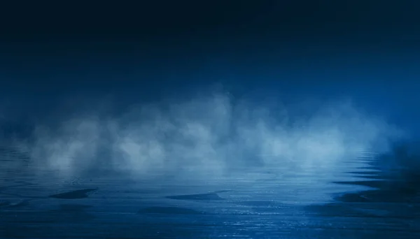 Dark Dramatic Background Wet Asphalt Smoke Fog Neon Light Spotlight — Stock Photo, Image
