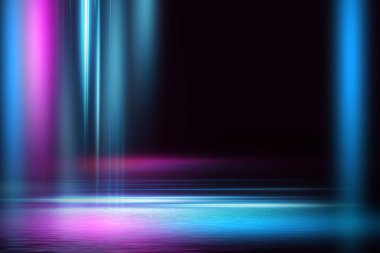 Işık neon etkisi, karanlık bir arkaplanda enerji dalgaları. Lazer renkli neon şov. Sudaki ışığın yansıması. Karanlık gökyüzü, okyanus. Duman, sis. 3B illüstrasyon