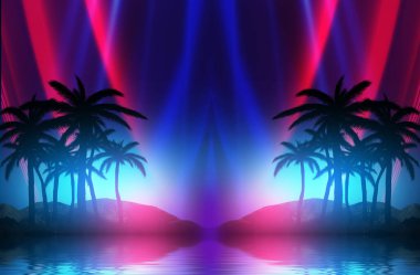 Soyut fütüristik geçmiş. Neon parıltısı, sudaki tropik palmiye ağaçlarının yansıması. Gece manzarası, plaj partisi. 3d illüstrasyon
