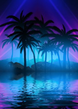 Soyut fütüristik geçmiş. Neon parıltısı, sudaki tropik palmiye ağaçlarının yansıması. Gece manzarası, plaj partisi. 3d illüstrasyon