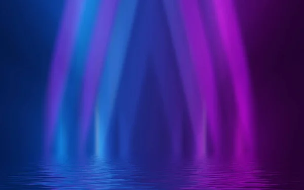 Light neon effect, energy waves on a dark abstract background. Laser colorful neon show. Reflection of light in the water. Dark sky, ocean. Smoke, fog. 3D illustration