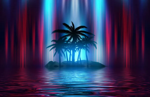 Silhouettes Tropical Palm Trees Background Abstract Background Neon Glow Reflection — Stock Photo, Image