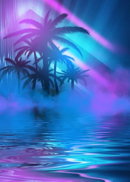 Abstract Futuristic Background Neon Glow Reflection Tropical Palm Trees Water — Stock Photo, Image