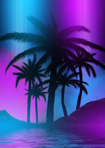 摘要未来主义背景 霓虹灯发光 热带棕榈树倒映在水面上 夜景海滩派对3D说明 — 图库照片