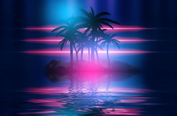 Abstract Futuristic Background Neon Glow Reflection Tropical Palm Trees Water — Stock Photo, Image