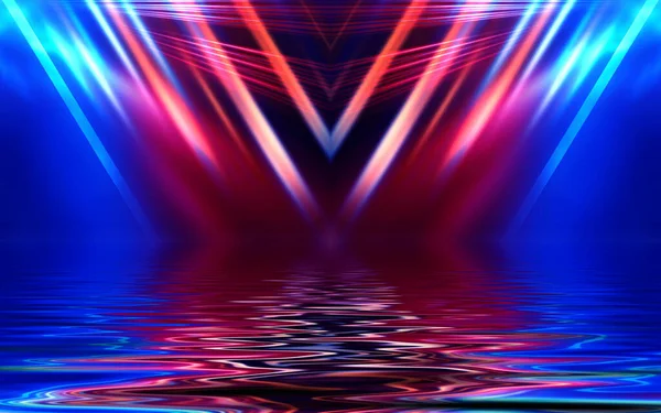 Abstract Dark Futuristic Background Neon Rays Light Reflected Water Background — Stock Photo, Image