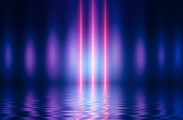 Abstract Dark Futuristic Background Neon Rays Light Reflected Water Background — Stock Photo, Image