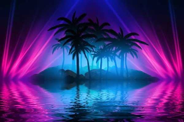 Abstracte Futuristische Achtergrond Neon Gloed Reflectie Van Tropische Palmbomen Het — Stockfoto