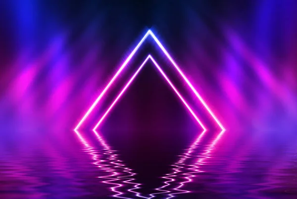 Soyut koyu fütüristik arka plan. Neon ışınları sudan yansıyor. Boş sahne gösterilerinin arka planı, plaj partileri. 3d illüstrasyon