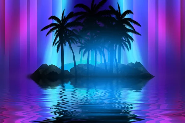 Streszczenie Futurystycznego Kontekstu Neonowy Blask Odbicie Tropikalnych Palm Wodzie Widok — Zdjęcie stockowe