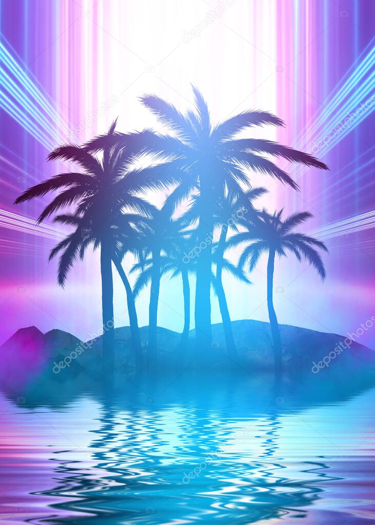 Abstract futuristic background. Neon glow, reflection of tropical palm trees on the water. Night view, beach party. 3d illustration