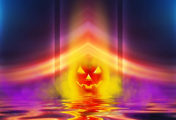 Bright Abstract Halloween Background Pumpkin Reflected Water Neon Light Smoke — Stock Photo, Image