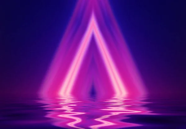 Streszczenie Ciemne Futurystyczne Tło Neonowe Promienie Światła Odbijają Się Wody — Zdjęcie stockowe