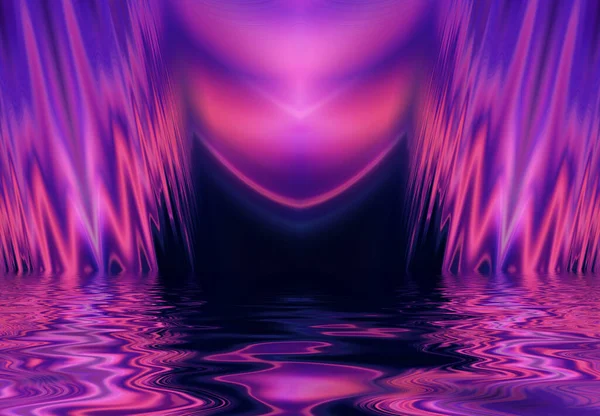 Absztrakt Sötét Futurisztikus Háttér Vízből Visszaverődnek Neonfények Háttérben Üres Színpadi — Stock Fotó