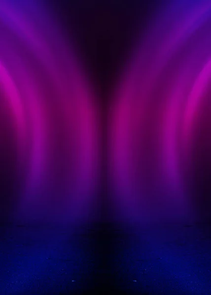 明るいネオン効果 暗い抽象的な背景にエネルギー波 レーザーカラフルなネオンショー アスファルト上の光の反射 煙の雲と夜のパーティー 3Dイラスト — ストック写真