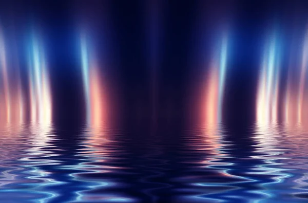 Abstract Dark Futuristic Background Neon Rays Light Reflected Water Background — Stock Photo, Image