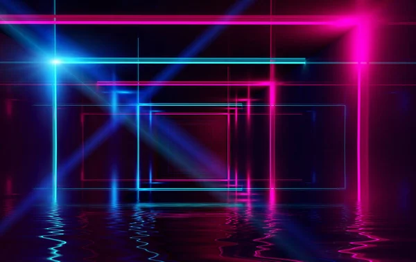 Abstrakter Dunkel Futuristischer Hintergrund Ultraviolettes Neonlicht Wird Vom Wasser Reflektiert — Stockfoto