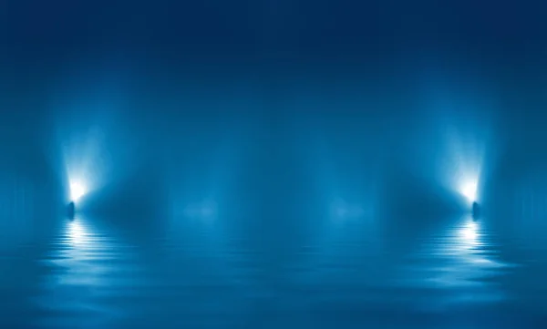 Fondo Futurista Oscuro Abstracto Los Rayos Luz Neón Azul Reflejan — Foto de Stock