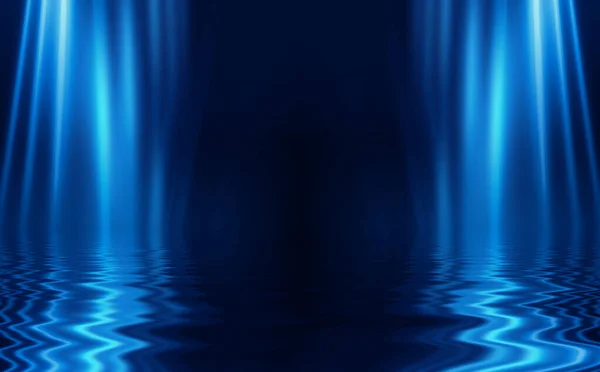 Astratto Sfondo Futuristico Scuro Raggi Luce Blu Neon Riflettono Acqua — Foto Stock