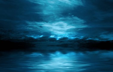 Gece vakti karanlık deniz. Gece gökyüzünün suyun üzerindeki yansıması. 3d illüstrasyon