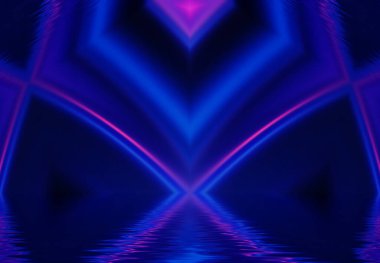 Soyut koyu fütüristik arka plan. Neon ışınları sudan yansıyor. Boş sahne gösterilerinin arka planı, plaj partileri. 3d illüstrasyon